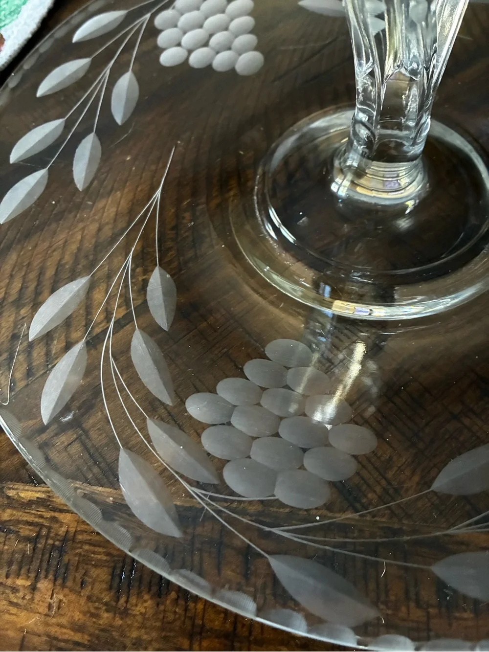 Clear Etched Glass Serving Plate with Grape Motif - White